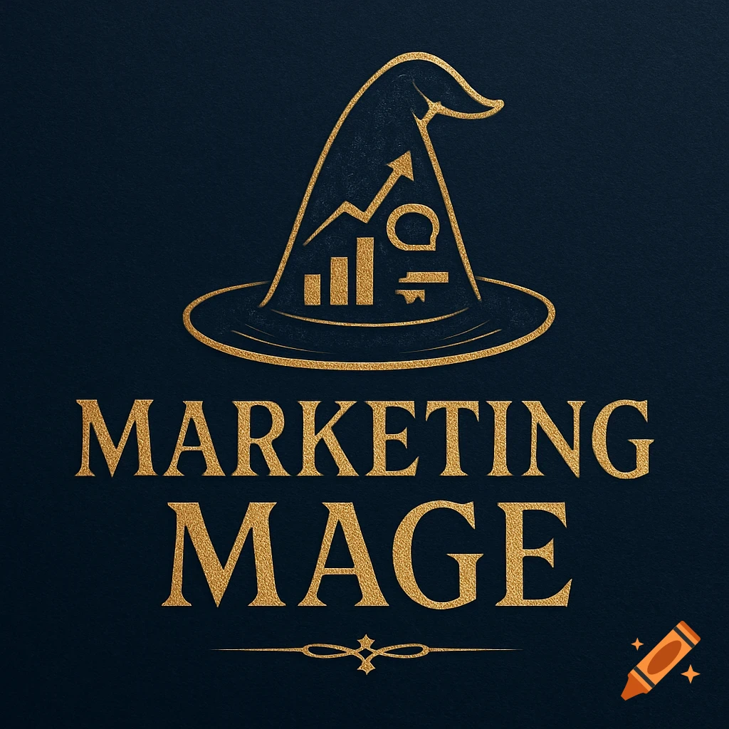 Gold logo of a wizard hat with business icons and text 'Marketing Mage' on a dark background.
