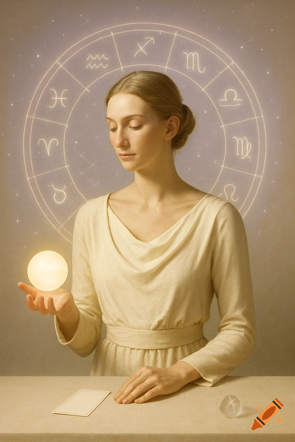 Serene woman with closed eyes holding a glowing orb, surrounded by a luminous zodiac circle and constellations. A tarot card and a rune stone are on a table.