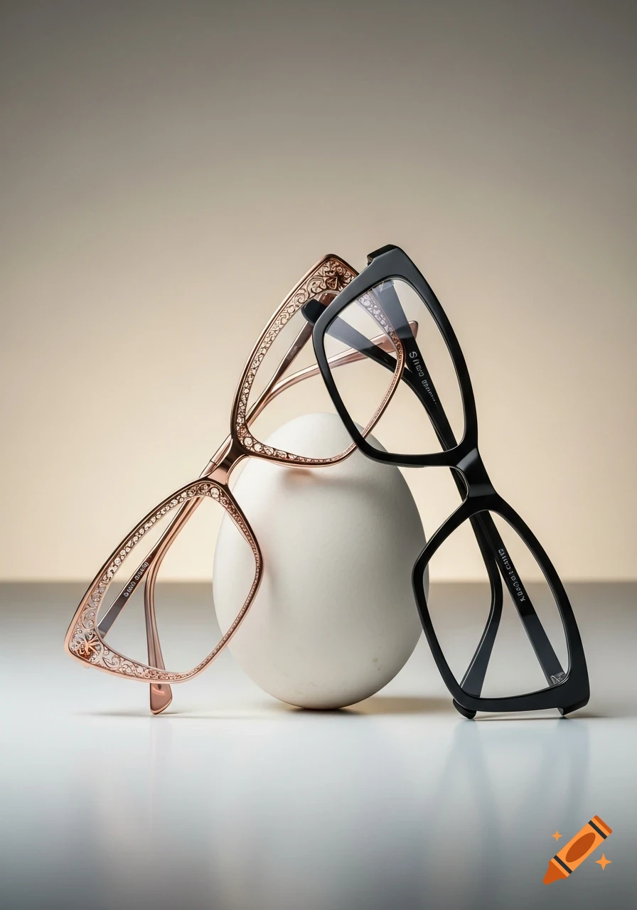 Two pairs of stylish eyeglasses, one black and one rose gold, lean against a white egg on a reflective surface, photorealistic.