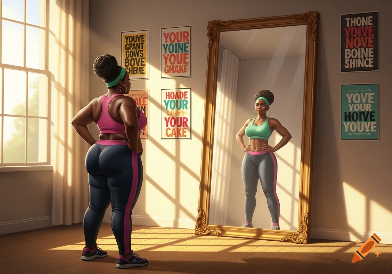 An illustration of a large African woman in a pink sports bra and dark leggings looking at her slimmer reflection in a mirror, with motivational posters on the wall.