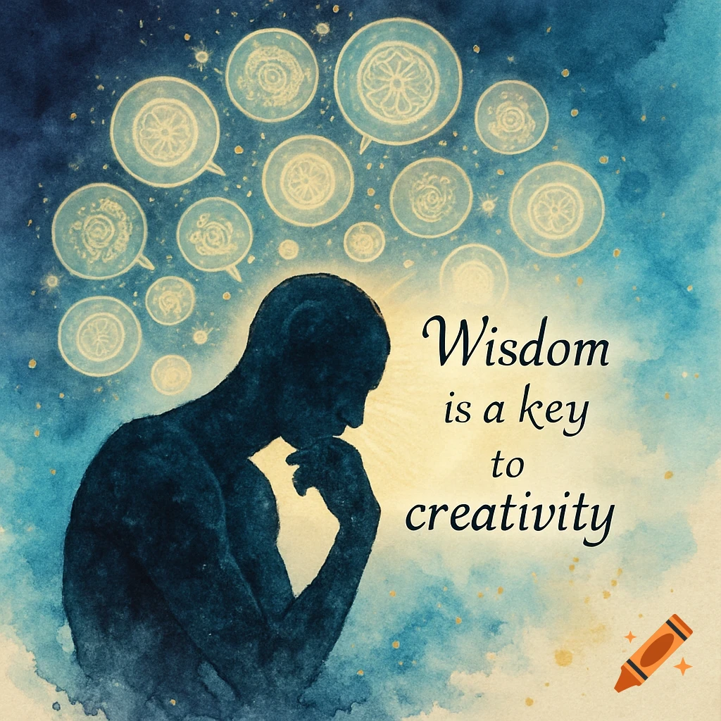 Blue watercolor illustration of a thinking person's silhouette with thought bubbles and the quote 'Wisdom is a key to creativity'.