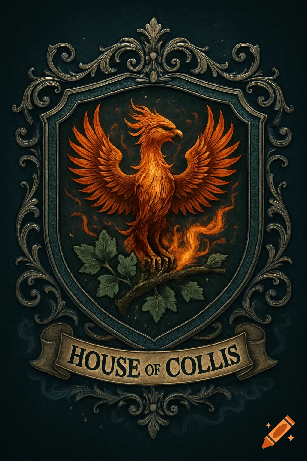 A detailed heraldic crest features a vibrant orange phoenix on a branch with green leaves, within an ornate blue and silver shield. A banner below reads 'HOUSE OF COLLIS'.