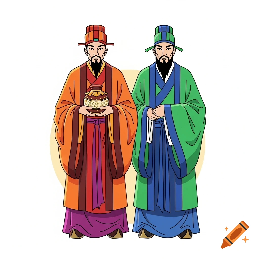 Two cartoon men in traditional Asian robes, one orange holding a jar, one green with folded hands, on a white background.