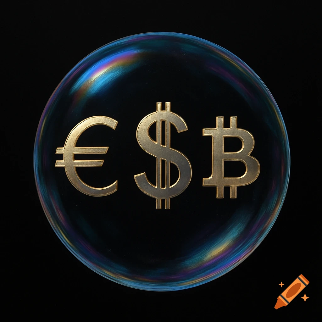 Golden Euro, Dollar, and Bitcoin currency symbols encased in a translucent, iridescent bubble against a black background.
