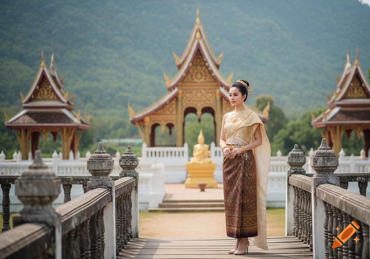 A beautiful young woman in traditional Lao silk clothing stands on a wooden bridge, with a classical Lao temple and mountains in the background.