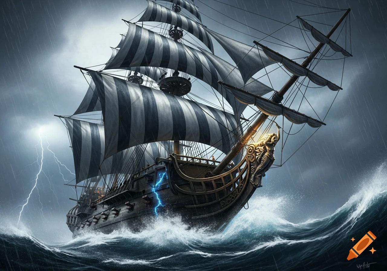 A large pirate ship with black and white striped sails navigates a stormy, lightning-filled ocean.