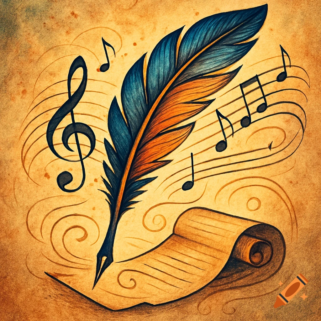 A colorful quill pen, musical notes, and a scroll rendered in a vintage watercolor style.