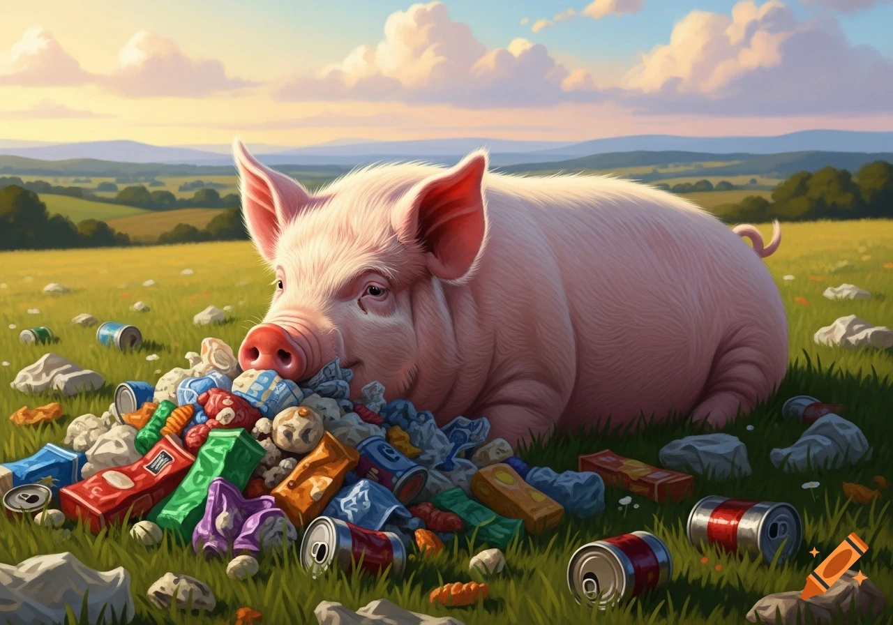 A pink pig snouts through a large pile of colorful trash in a green field under a sunset sky.