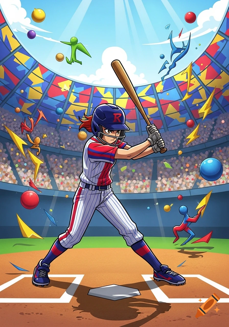 A cartoon baseball player in a red, white, and blue uniform holds a bat, ready to swing in a stadium filled with abstract shapes and spectators.