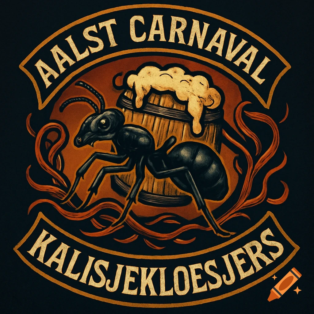 Retro biker patch style logo with a black ant, a beer barrel with foam, and text "AALST CARNAVAL KALISJEKLOESJERS" on a dark background.