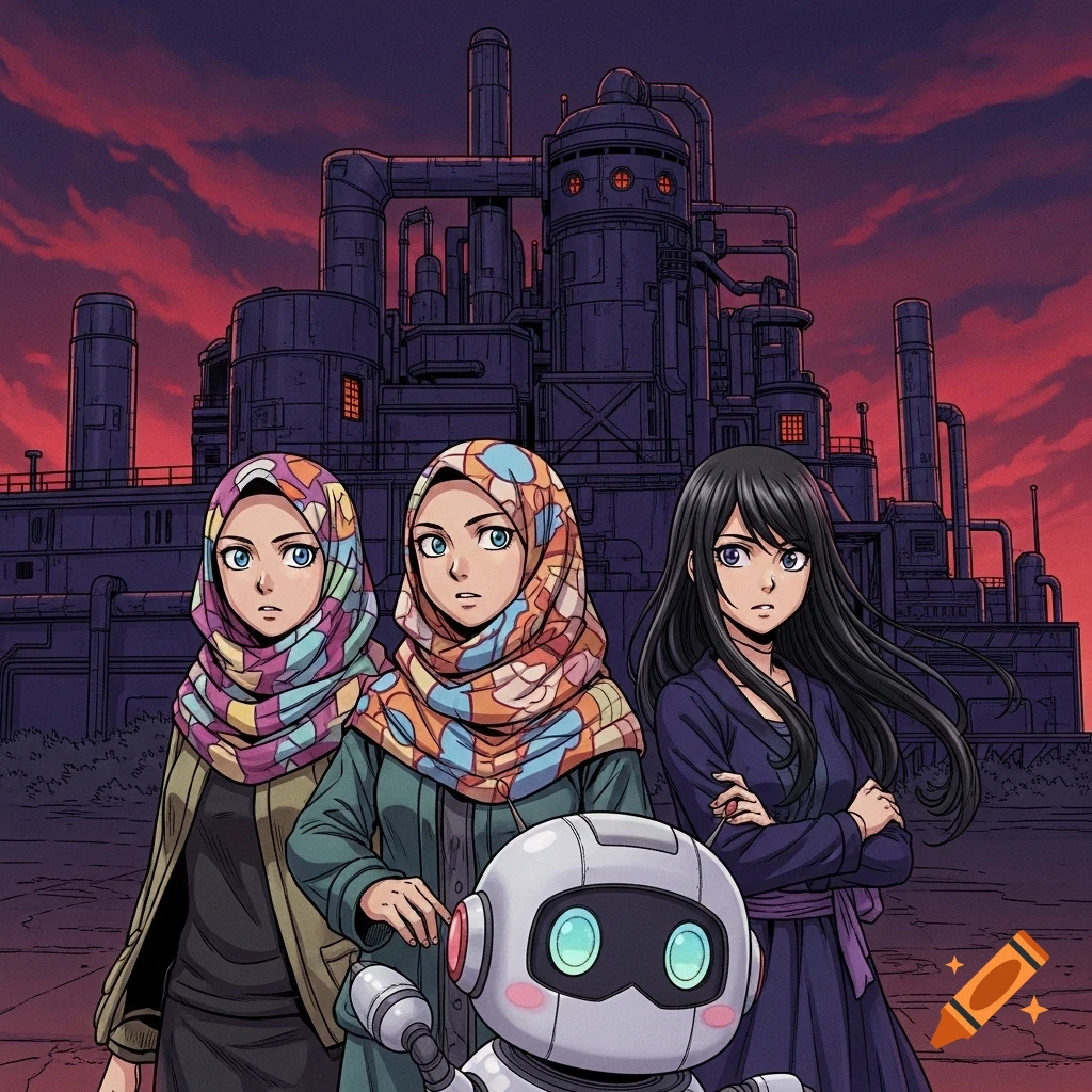 Three anime-style women, two in hijabs, with a cute robot in front of a mysterious industrial building under a red sky.