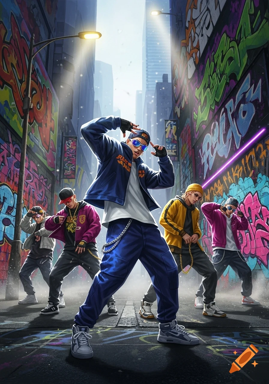 A vibrant illustration of a hip-hop dance crew posing on a graffiti-covered city street with bright lights.