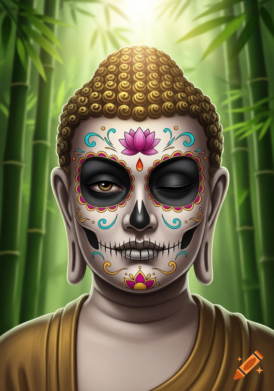 Digital art of a Buddha head with colorful Dia de Los Muertos sugar skull makeup, one eye winking, against a bamboo forest background.