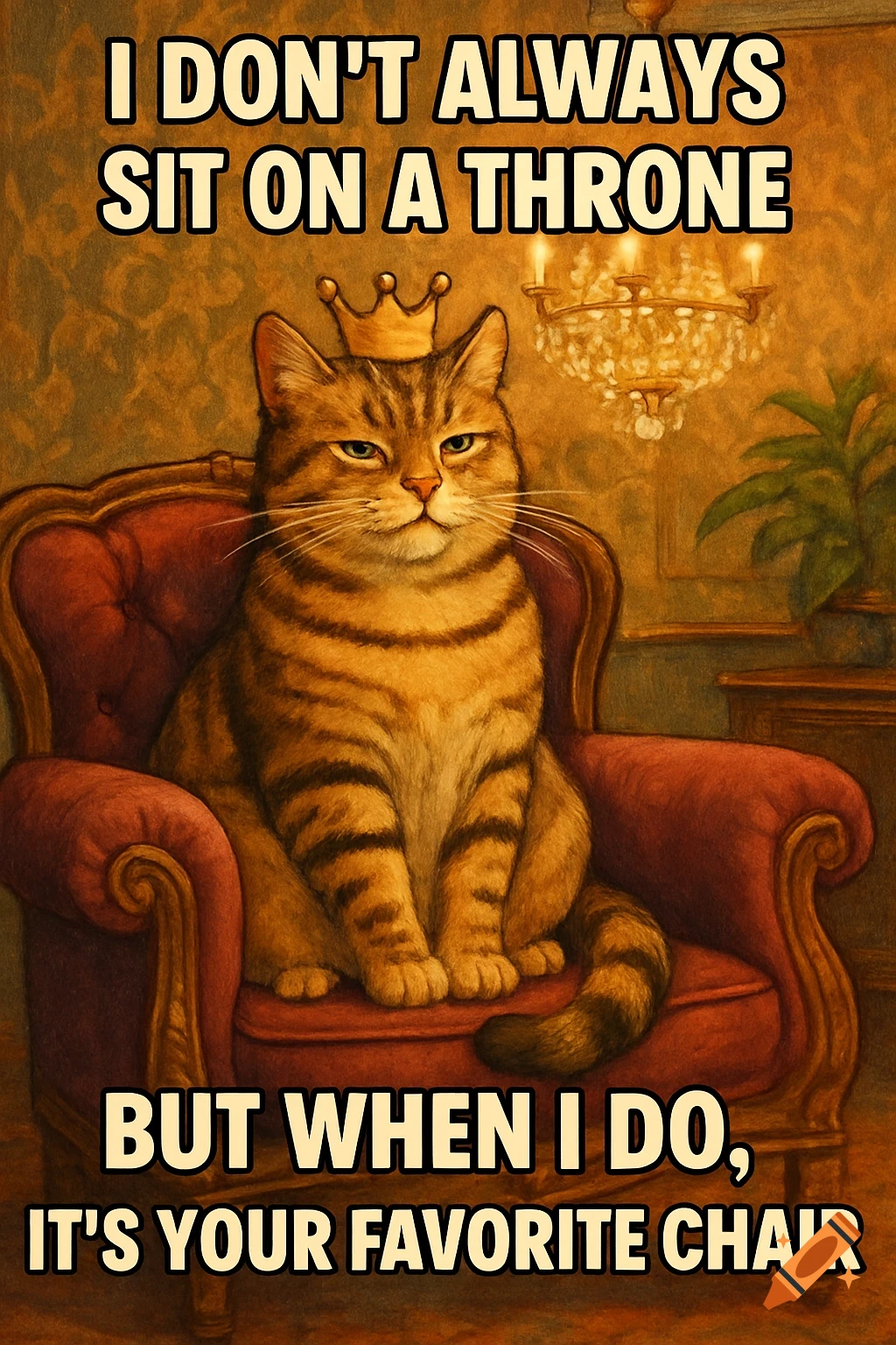 A serious tabby cat wearing a gold crown sits in a red armchair with the text, 'I DON'T ALWAYS SIT ON A THRONE BUT WHEN I DO, IT'S YOUR FAVORITE CHAIR'.