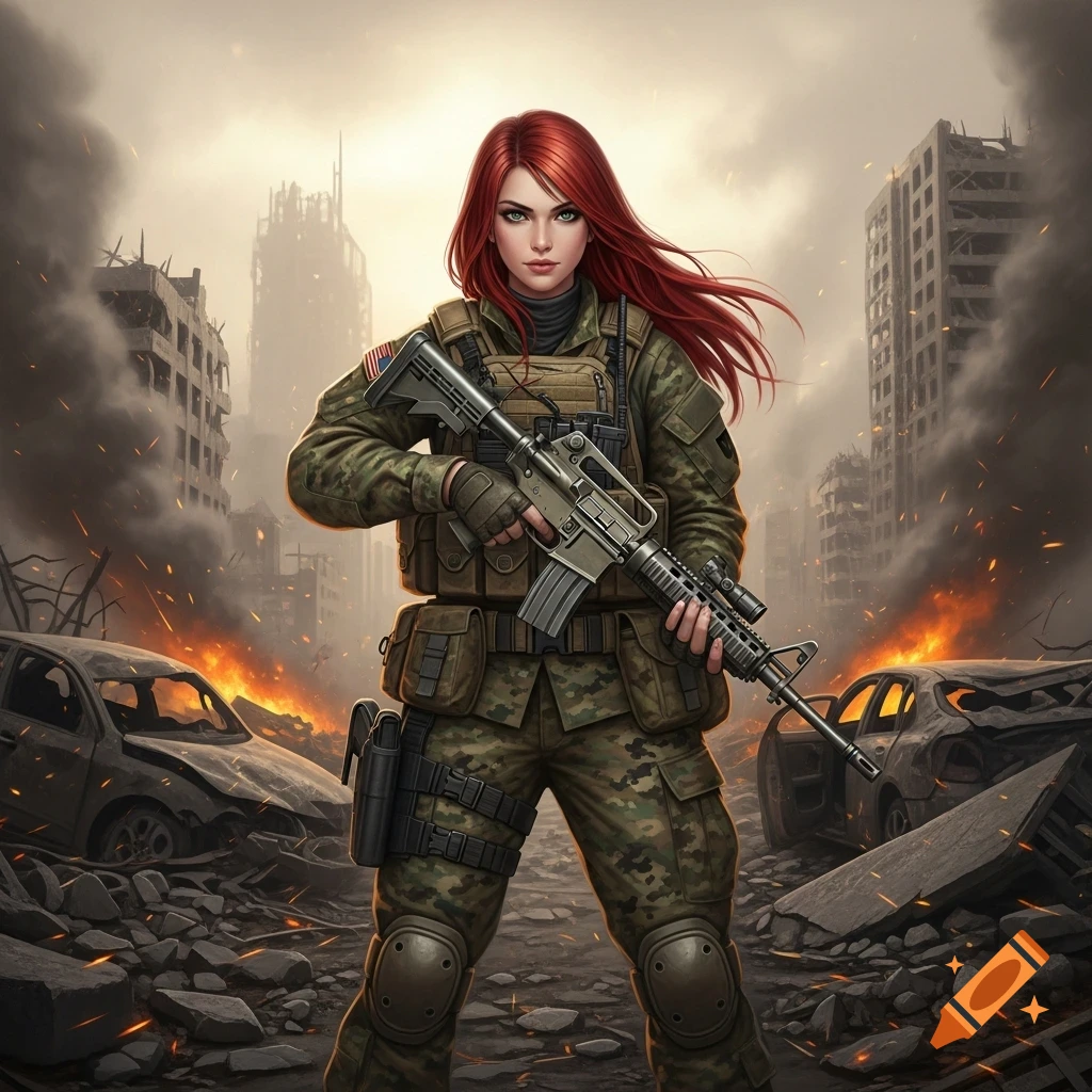 Stylized digital art of a female soldier with crimson hair, green eyes, in camouflage, holding a rifle in a destroyed, smoky city.