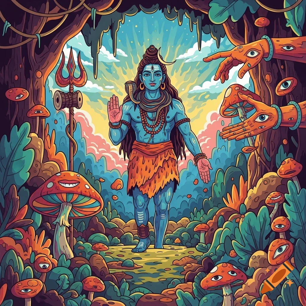 Psychedelic flat art illustration of blue-skinned Shiva walking in a vibrant jungle with smiling mushrooms and floating hands adorned with eyes.