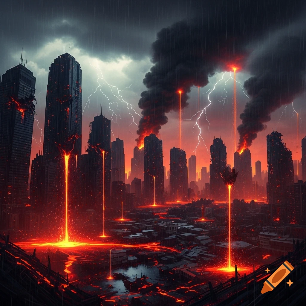An apocalyptic cityscape with dark, stormy skies, lava flowing from skyscrapers and streets, and lightning flashes.