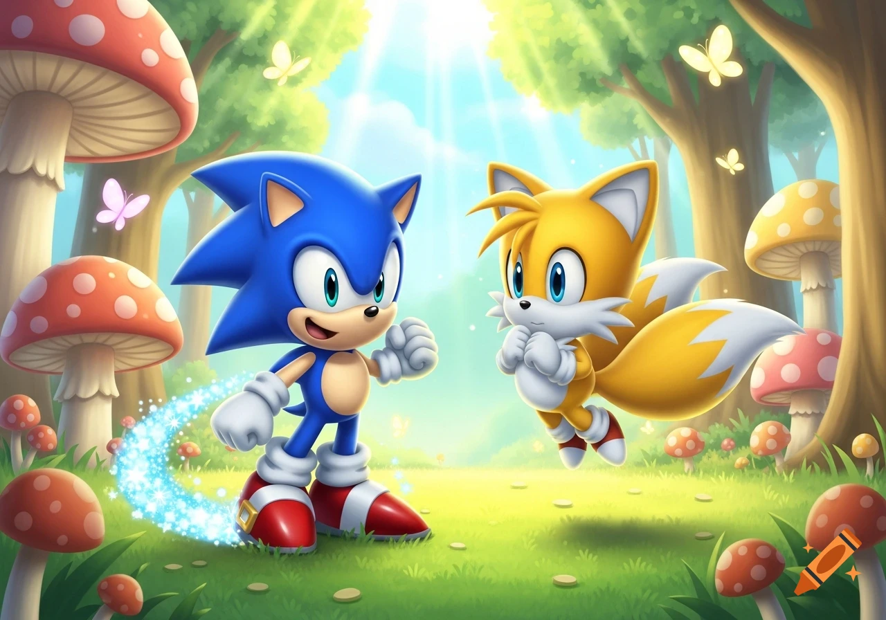 Sonic and Tails in a magical forest with glowing effects and red-spotted mushrooms, cartoon style.