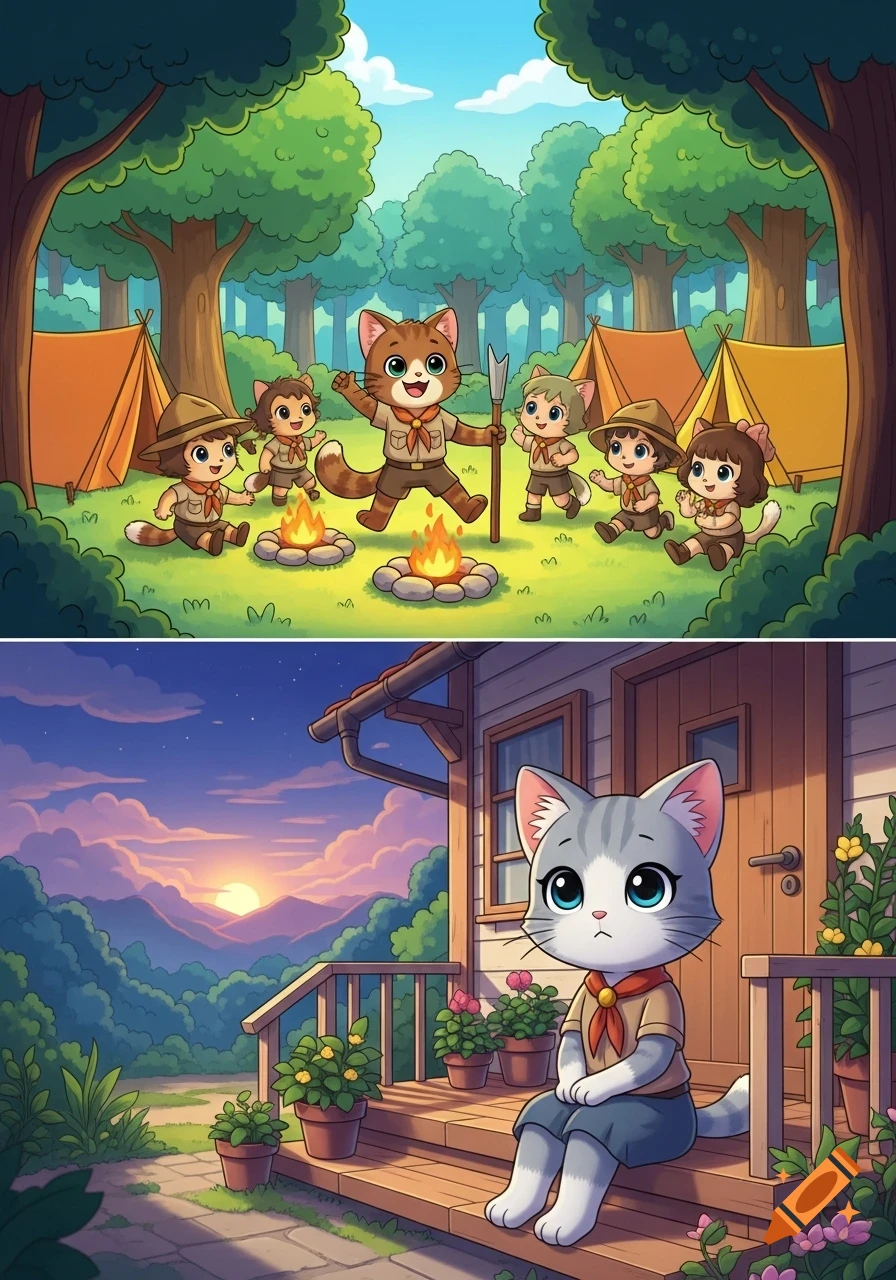 A diptych of cartoon cats: a group of scout cats by campfires in a forest, and a sad cat on a porch at sunset.