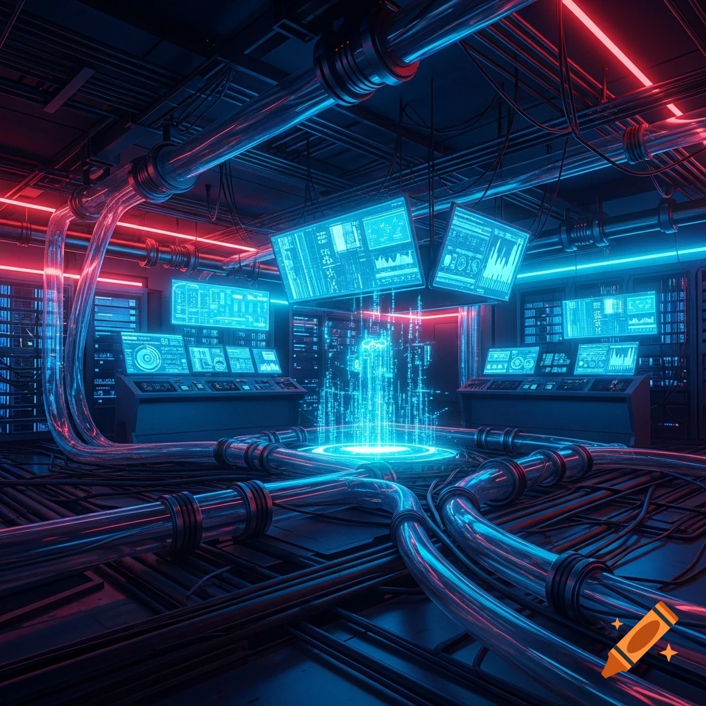 A futuristic data center with glowing blue and red lights, intricate network cables, and multiple screens displaying data.