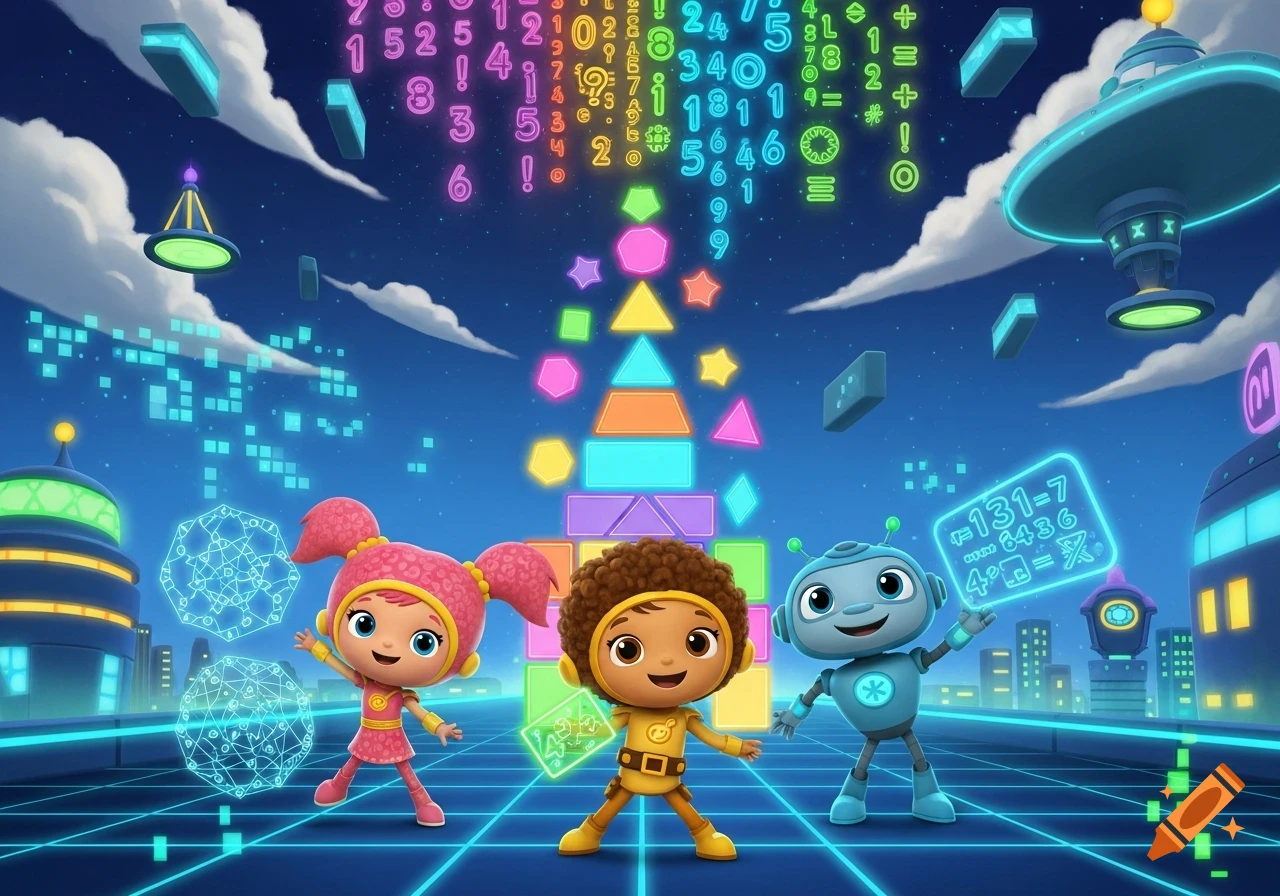 Three cartoon characters, a girl, a boy, and a robot, stand on a glowing grid in a futuristic city at night, surrounded by colorful geometric shapes, numbers, and symbols falling from the sky.