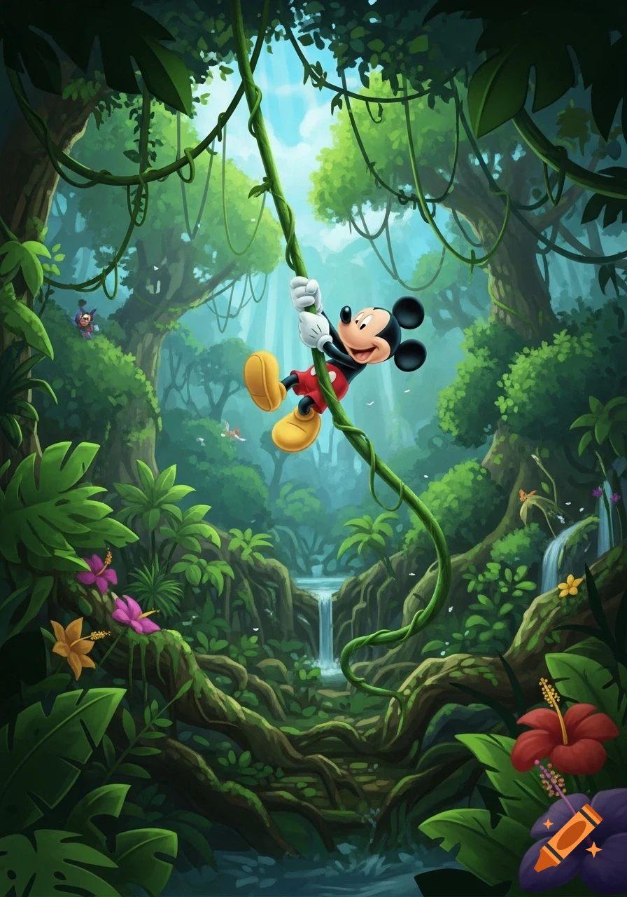 Mickey Mouse swings on a green vine through a lush, vibrant cartoon jungle with waterfalls and exotic flowers.