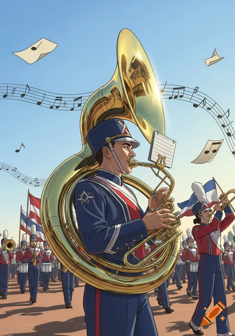 An illustrated marching band performs outdoors, with a man playing a golden sousaphone in the foreground, surrounded by floating musical notes.