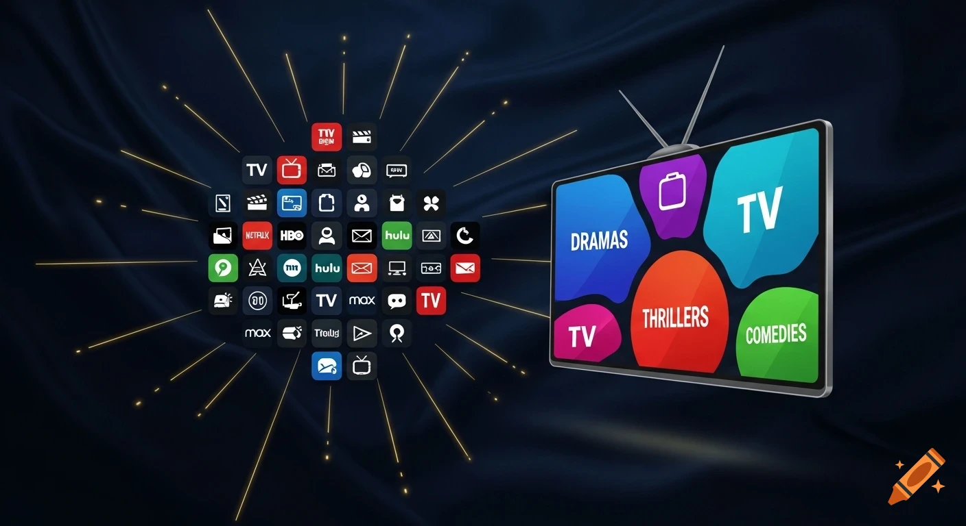 A modern TV displaying genres like dramas, thrillers, and comedies, surrounded by numerous streaming app icons and golden light rays on a dark background.