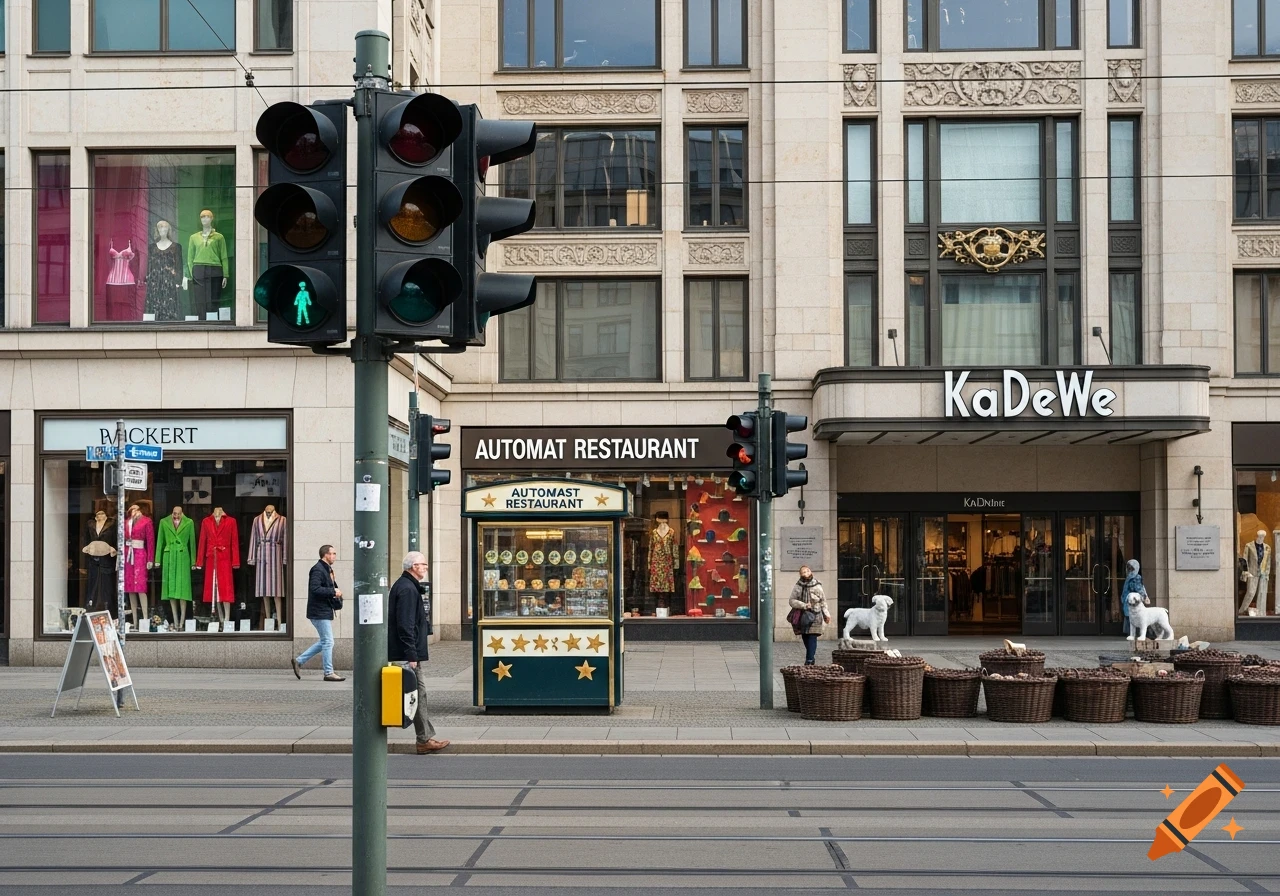 A busy street scene with ornate buildings housing shops like KaDeWe, a food stand, and pedestrians walking past traffic lights.
