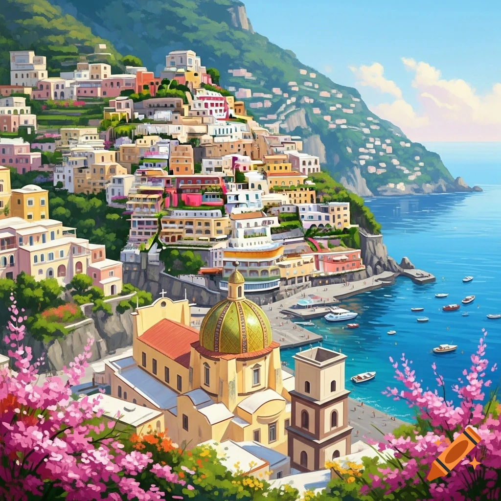 A vibrant painting of the colorful hillside town of Positano, Italy, overlooking the sea, with a church's green dome and pink flowers in the foreground.