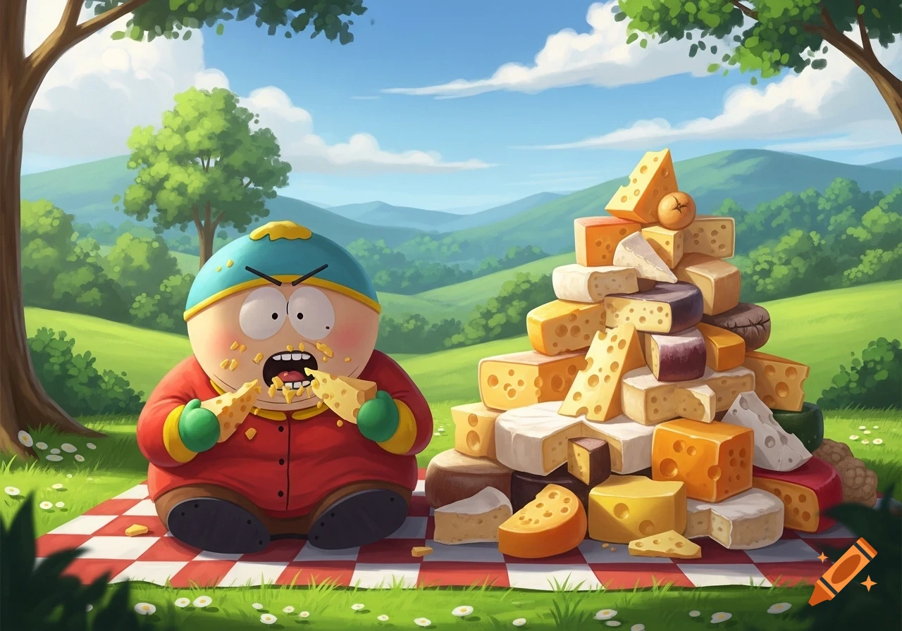 Cartman from South Park devours cheese at a picnic, surrounded by a mountain of cheese in a sunny, green landscape.