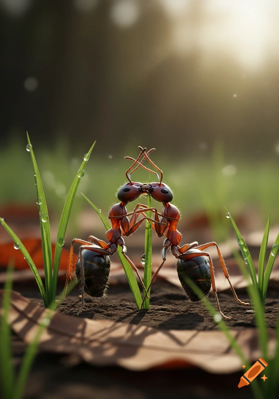 Two red ants touch heads, appearing to embrace, amidst dewy green grass blades and brown leaves on the ground, in a close-up, photorealistic style.