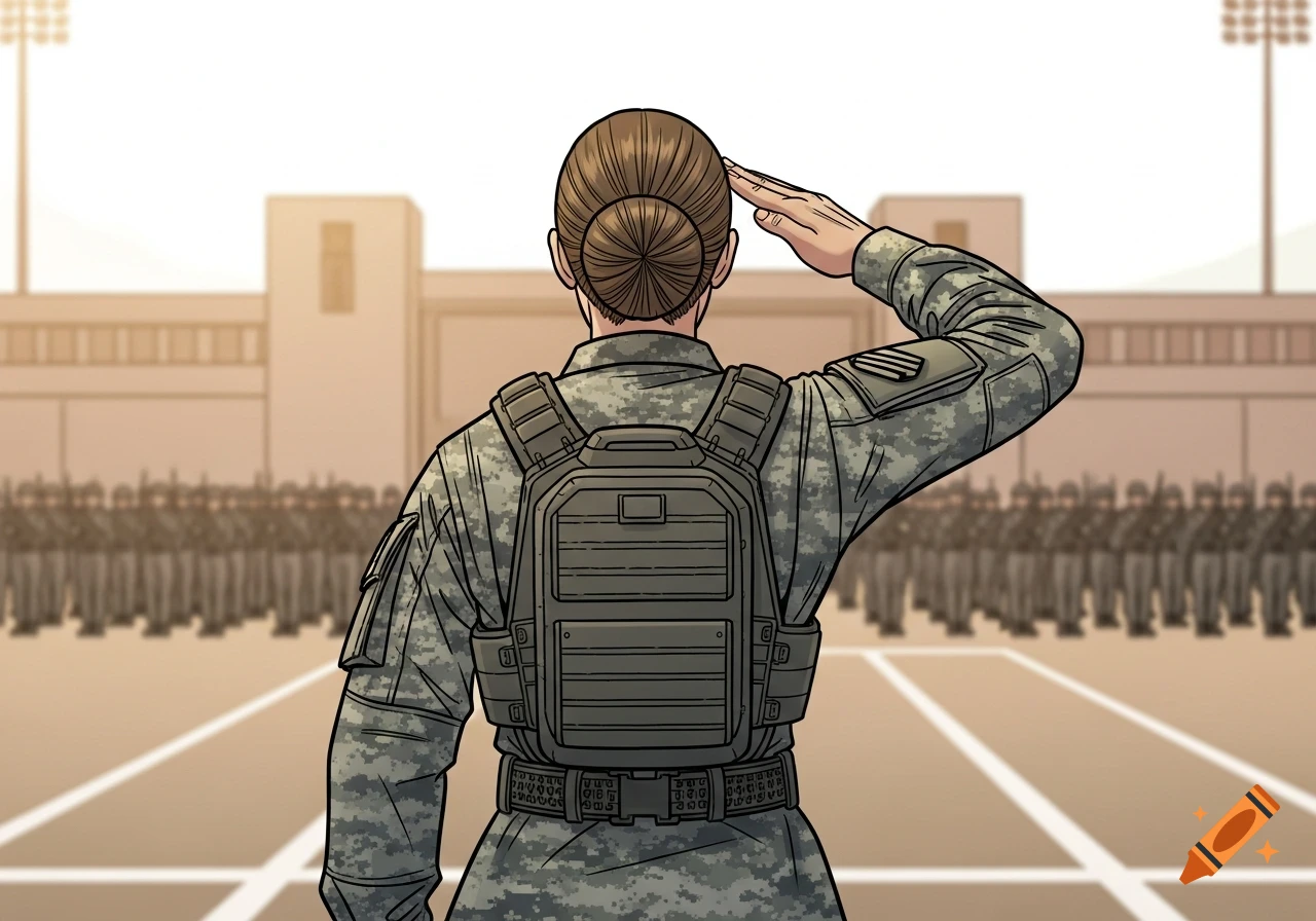 Comic style illustration of a female soldier in camouflage uniform and backpack saluting, viewed from behind, with troops in formation.