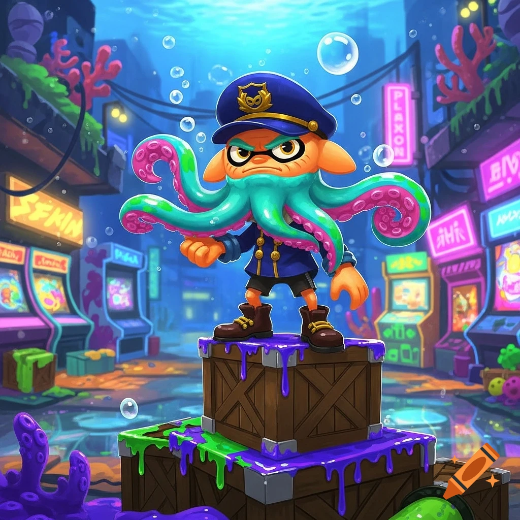 A cartoon Inkling/Octoling resembling Captain Cuttlefish stands on crates in an ink-splashed underwater city street with neon signs.