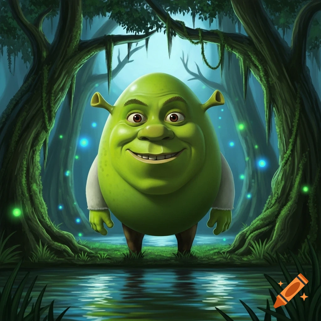 Smiling egg-shaped Shrek character in a mystical swamp, surrounded by glowing lights and water reflection, digital art.