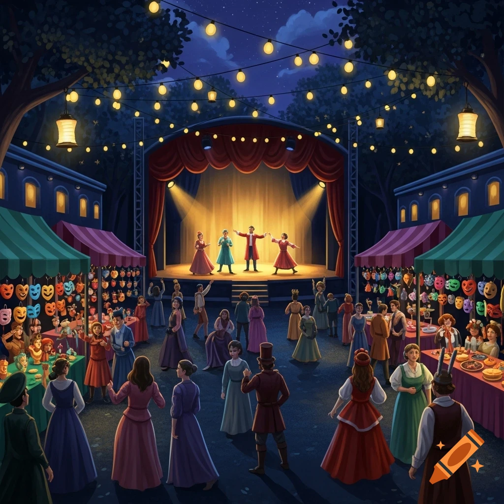 An illustrative night scene of a bustling outdoor theater festival with a play on stage, market stalls, and many attendees.