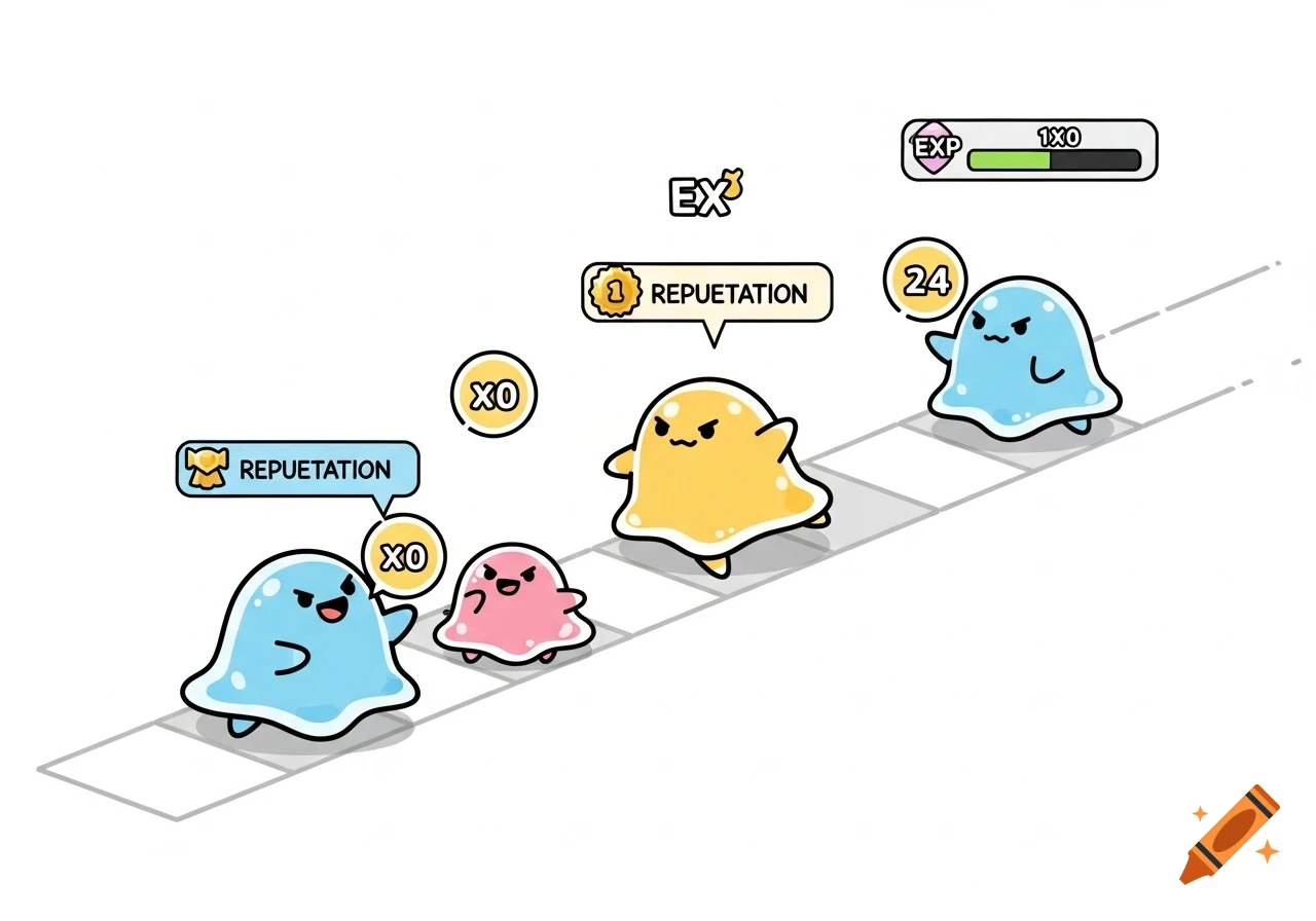 Four cartoon blob characters in blue, pink, and yellow walking along a path with game interface elements like an XP bar and speech bubbles with 'REPUETATION'.