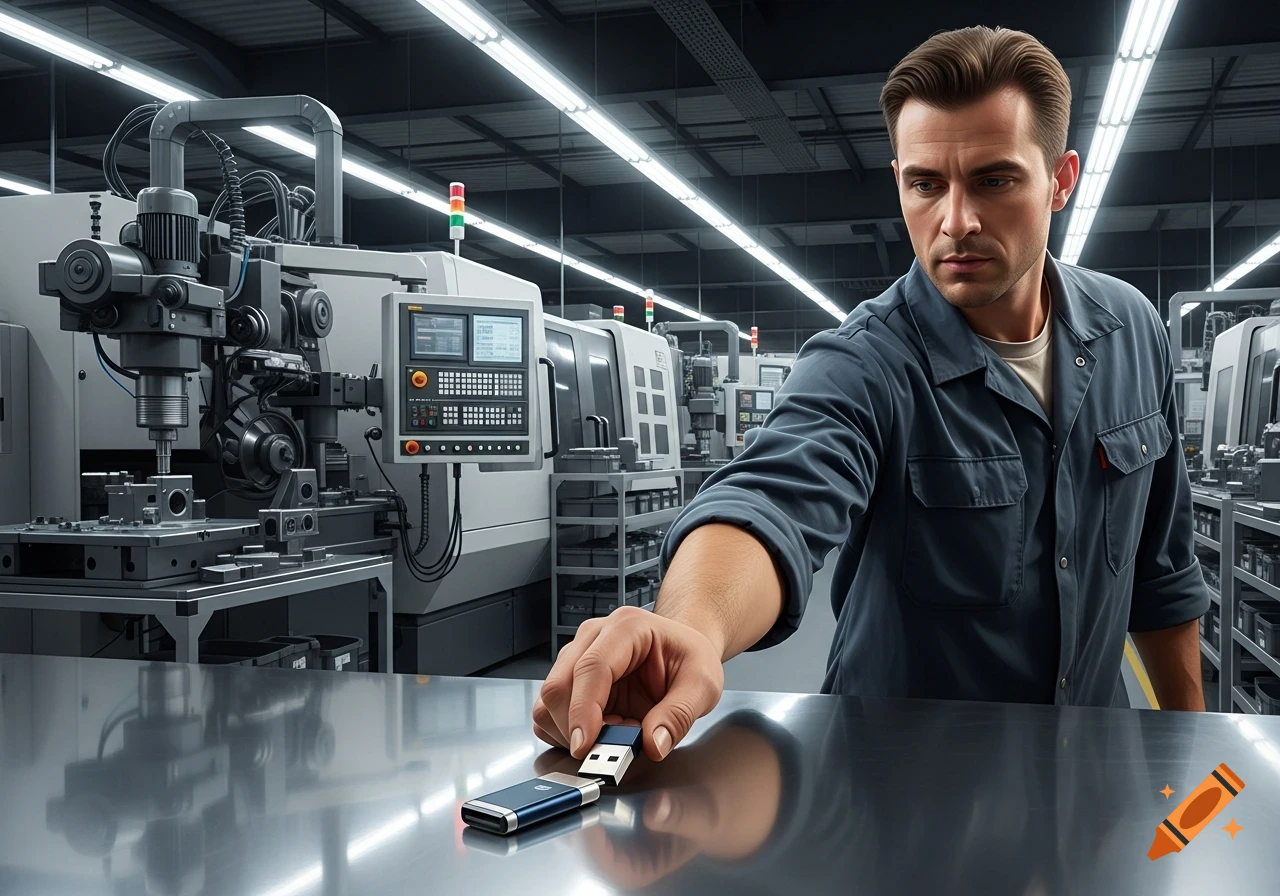 A man in a blue work shirt reaches for a USB stick on a metallic surface in a modern manufacturing plant with machinery.