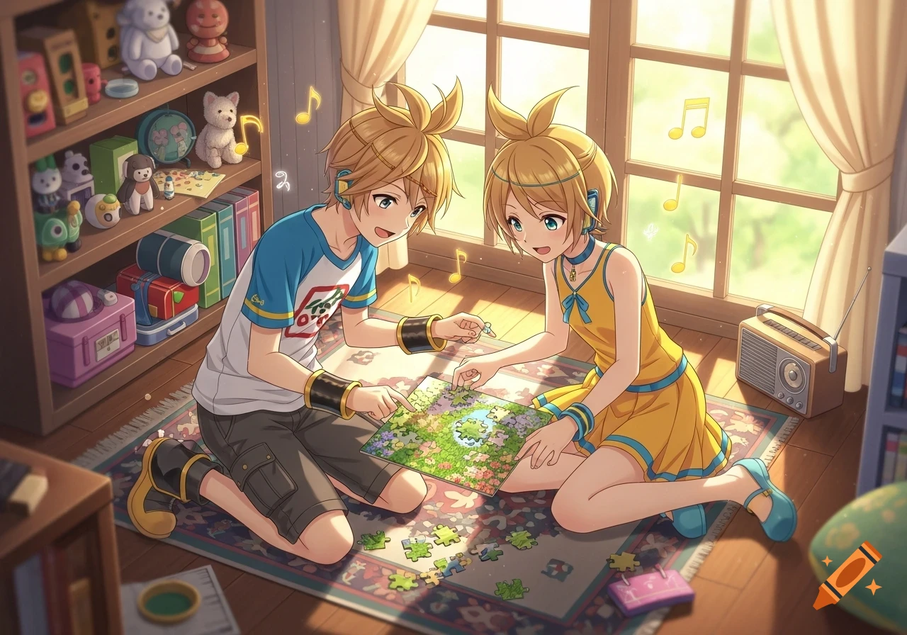 Anime characters Kagamine Len and Rin sit on a rug in a sunlit room, assembling a jigsaw puzzle.
