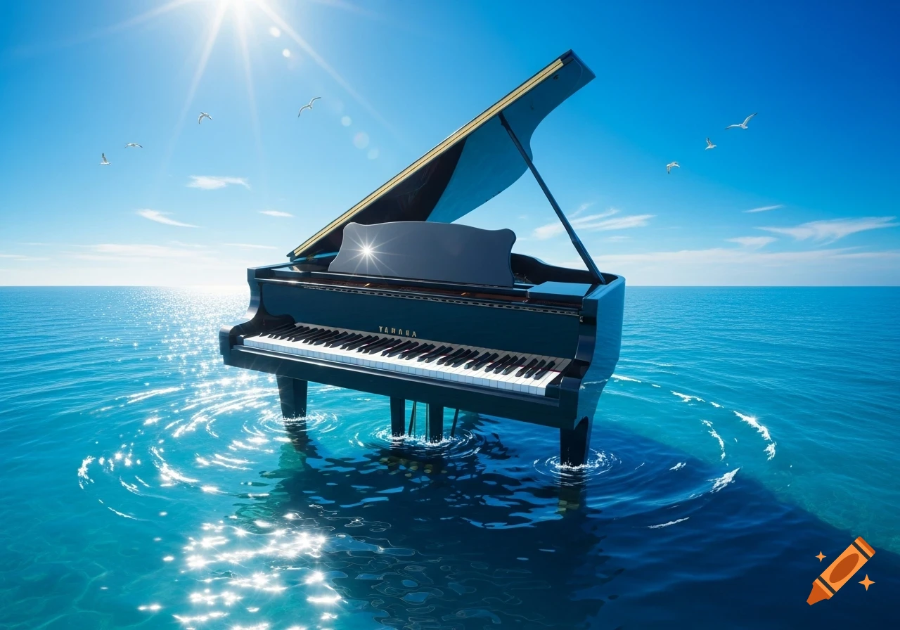 A black grand piano floats in the clear blue South Pacific Ocean under a bright sunny sky with seagulls flying above.