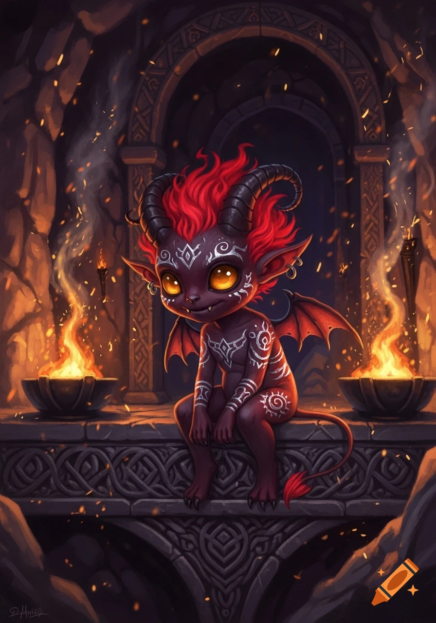 A cute, dark-skinned demon with fiery red hair, horns, and tribal markings sits on an ornate stone structure amidst flames in a dark fantasy setting.