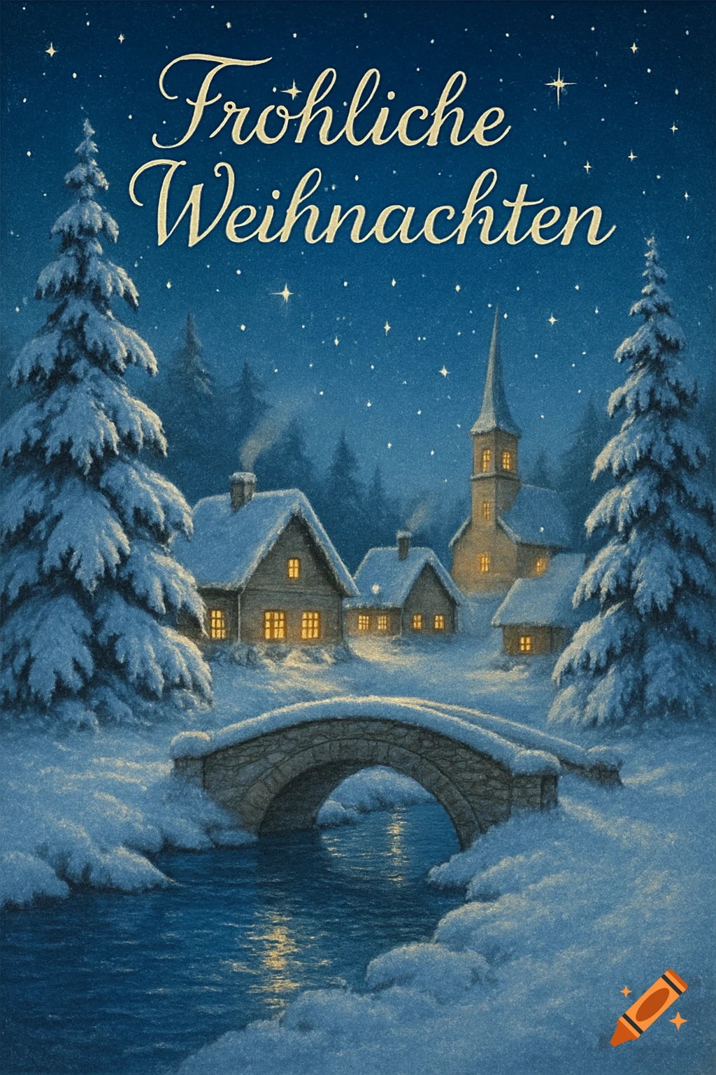 Illustration of a snowy winter village at night with a church, houses, bridge, river, and 'Fröhliche Weihnachten' text.