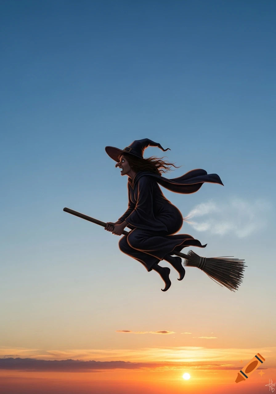 Cartoon witch with pointed hat flies on a broomstick, releasing a puff of smoke, against a blue sunset sky. Stylized illustration.