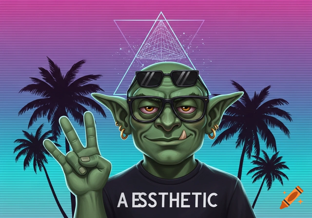 Green goblin with sunglasses and a tusk making a peace sign, set against a retro synthwave background with palm trees and a wireframe pyramid.