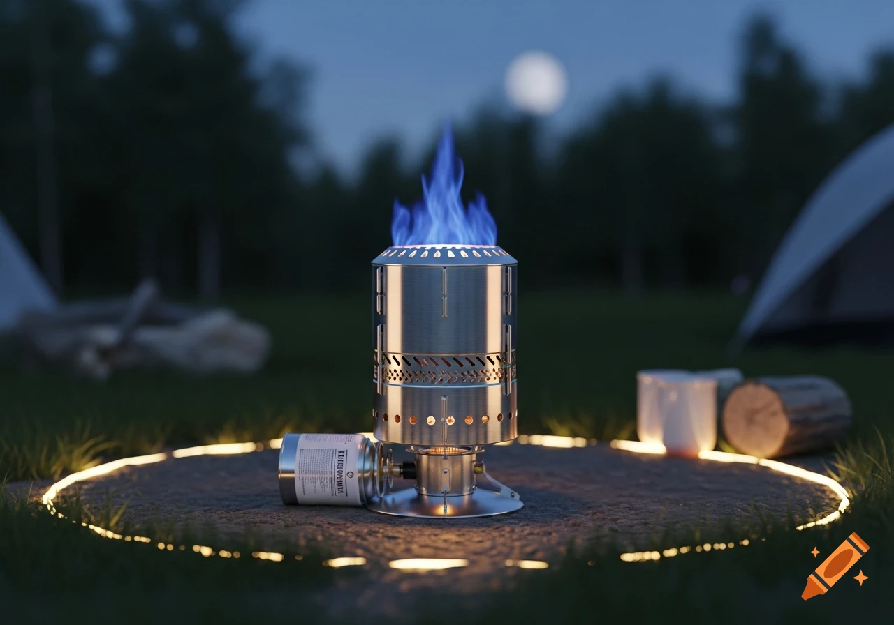 A portable metal campfire with blue flames burns on a stone patch, next to a propane cylinder, at a campsite under a full moon.