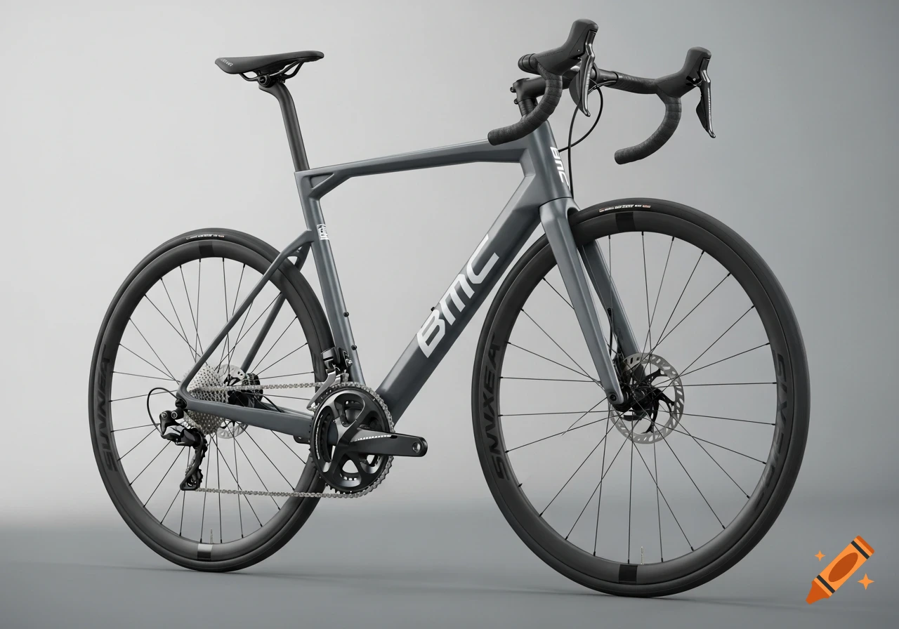 A photorealistic side view of a grey BMC road bicycle with black wheels and handlebars on a light grey background.