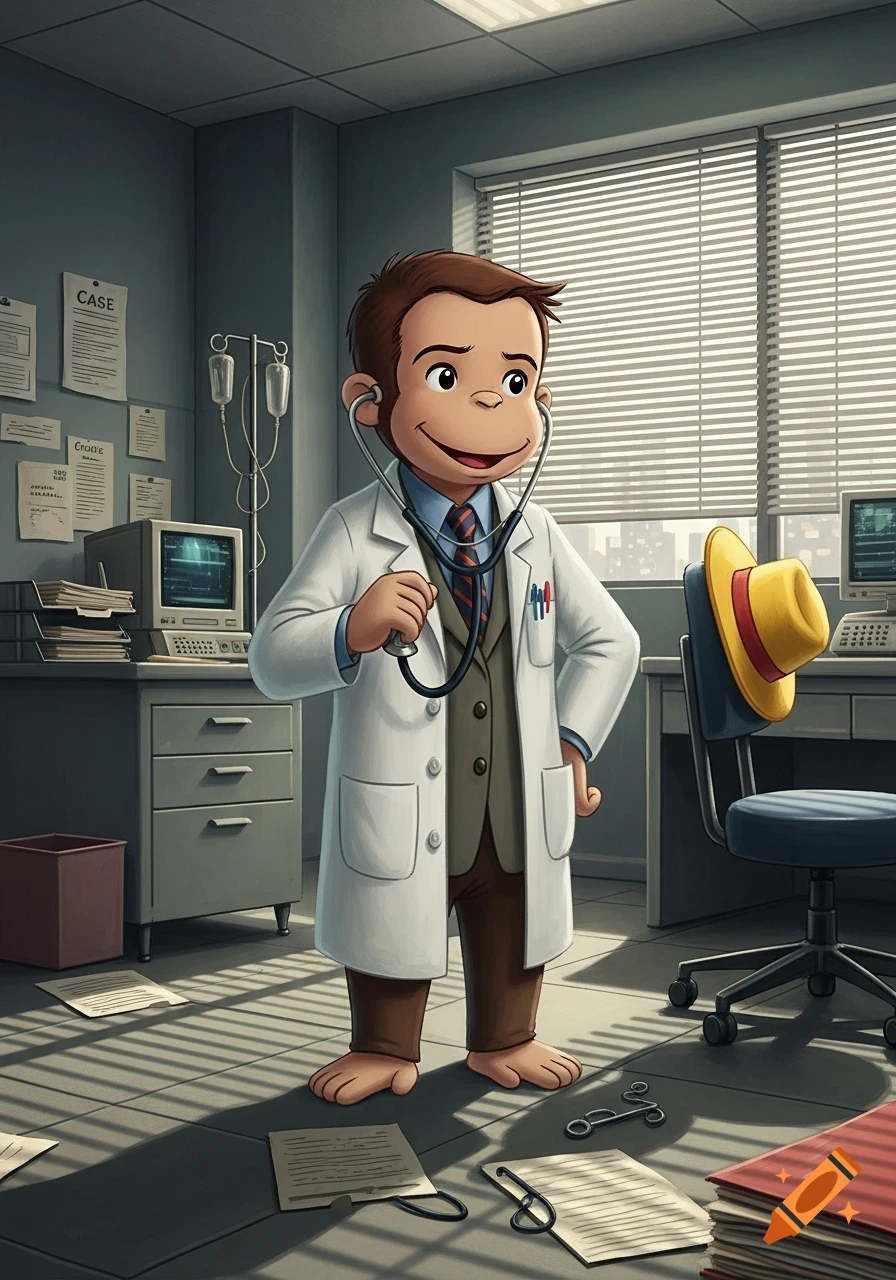 Curious George, dressed in a doctor's white coat and holding a stethoscope, stands in a medical office.