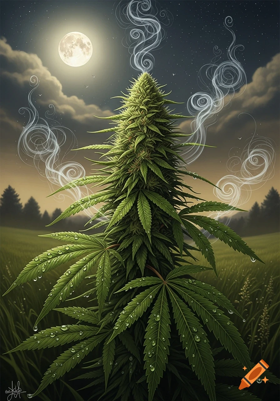 A vibrant cannabis plant stands tall in a field at night, covered in water droplets, under a full moon with smoke swirling around it.