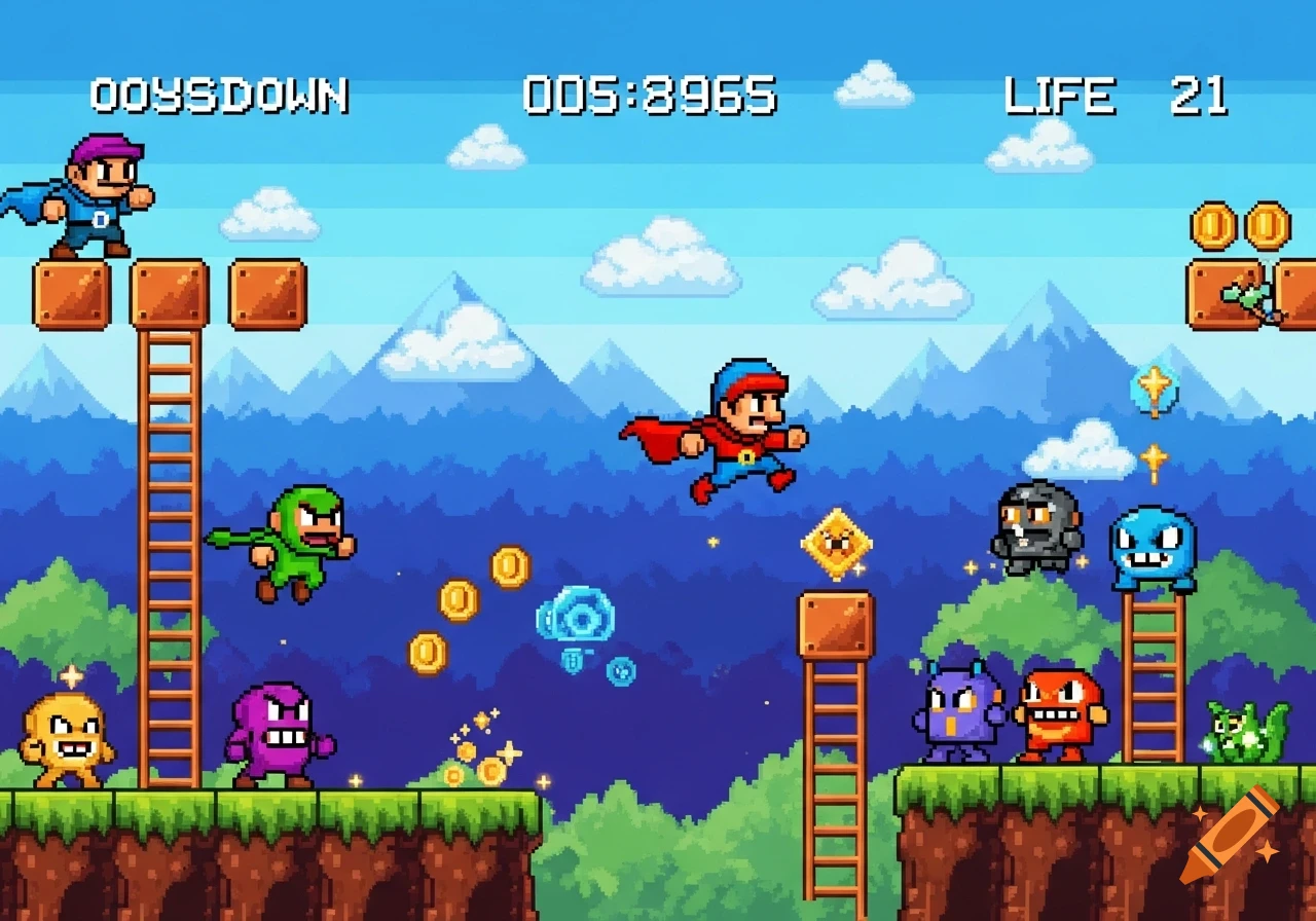 Pixel art retro platformer game scene with a red-caped hero, a green ninja, and various monsters across platforms and ladders.