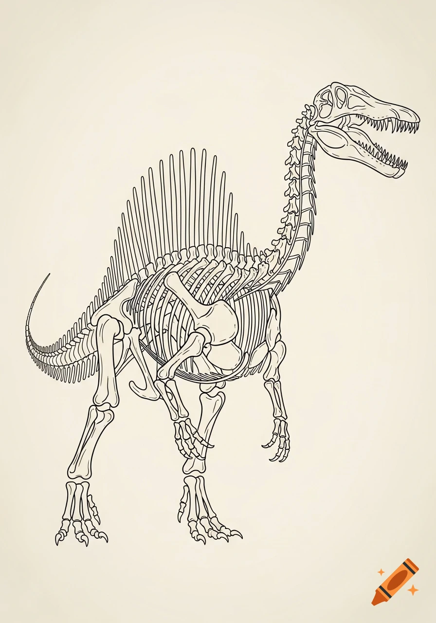Line drawing of a Spinosaurus skeleton with a prominent sail on its back, viewed from the side on a plain background.